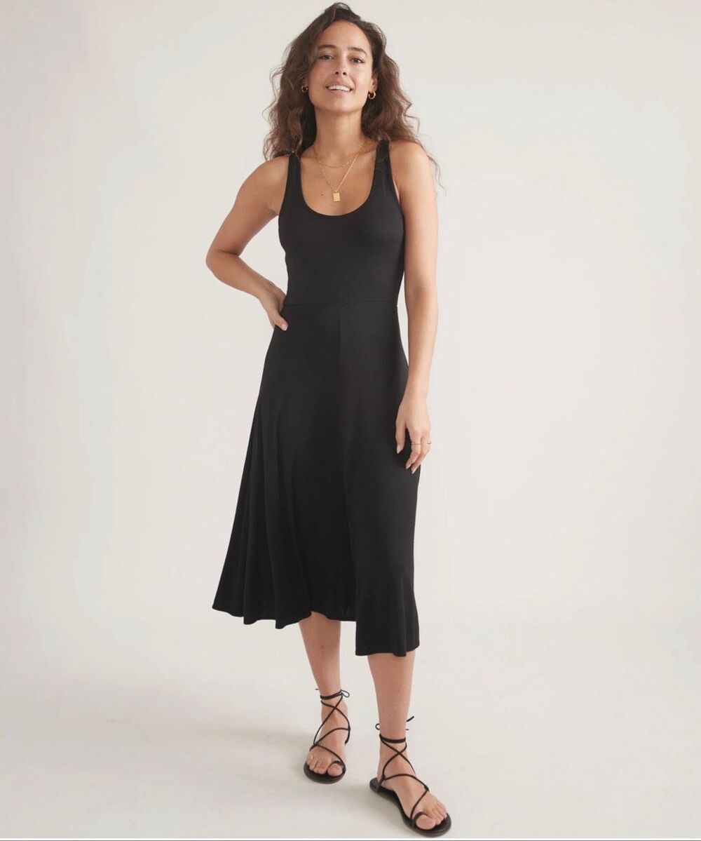 Marine Layer Lexi Rib Fit and Flare Midi Dress in Black XL